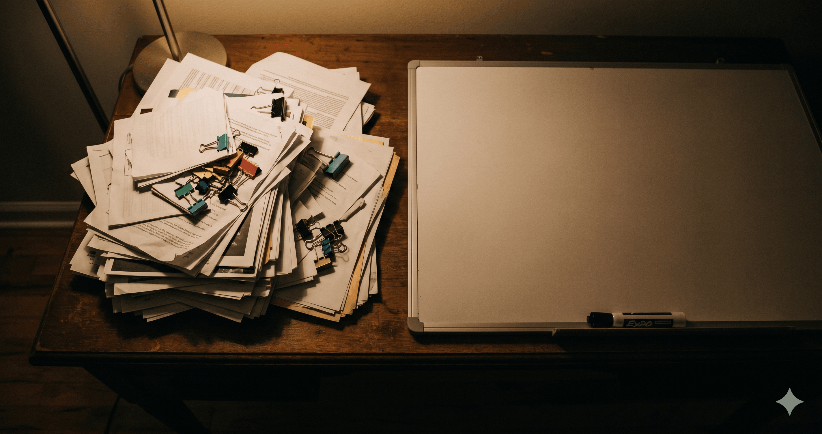 A cluttered desk with stacks of printed RFP documents next to an empty whiteboard